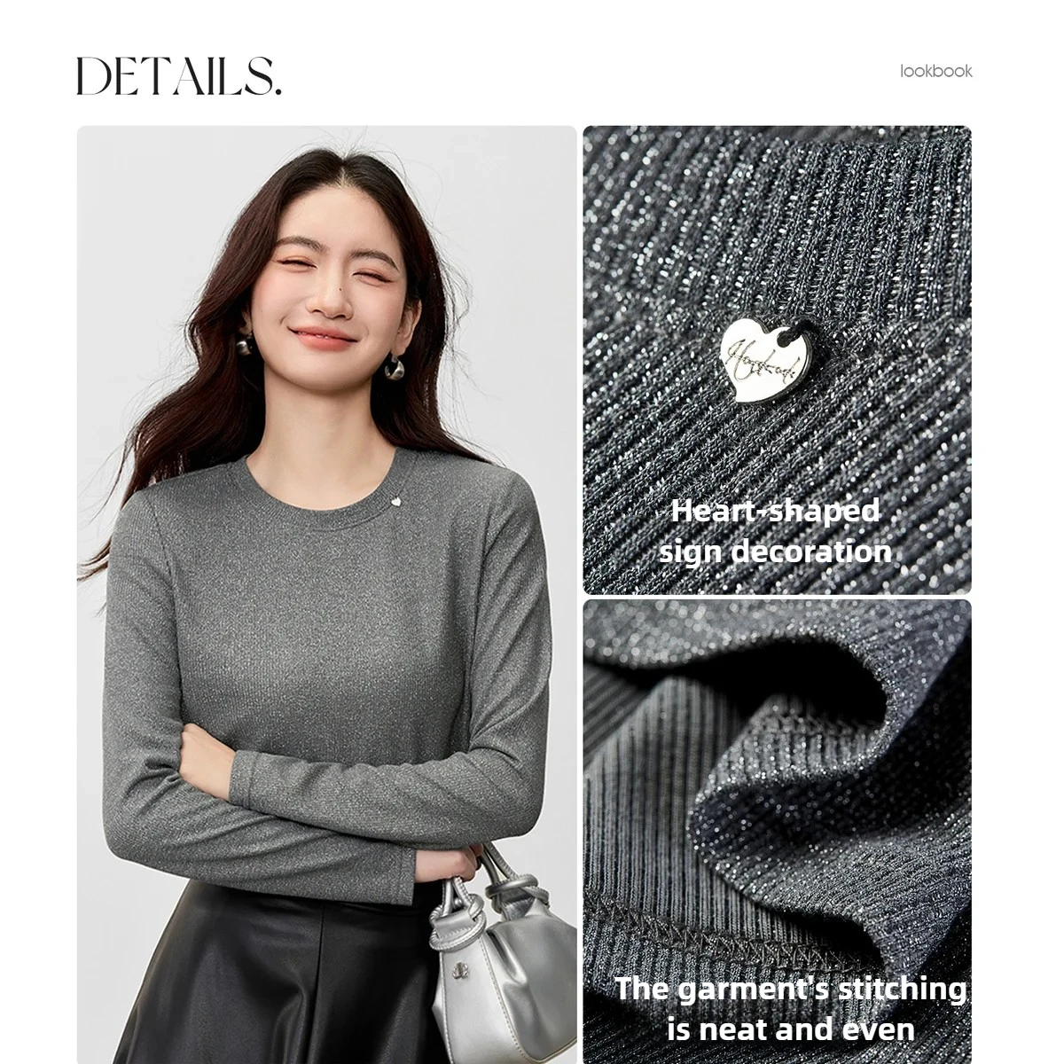 SENTUBILA المرأة لامع شين متماسكة تي شيرت 2025 الخريف الجولة الرقبة سليم تيشيرت ضيق بأكمام طويلة تخفيف بسيط الأعلى 153TN2710