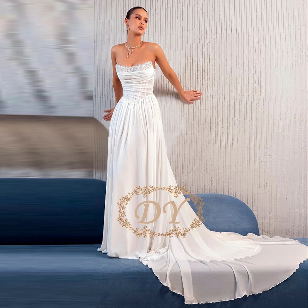 DY Strapless Pearls A-line Wedding Dress for Brides A-Line Sweep Train Sleeveless Pleats Bridal Gowns Customzied Wedding Party D
