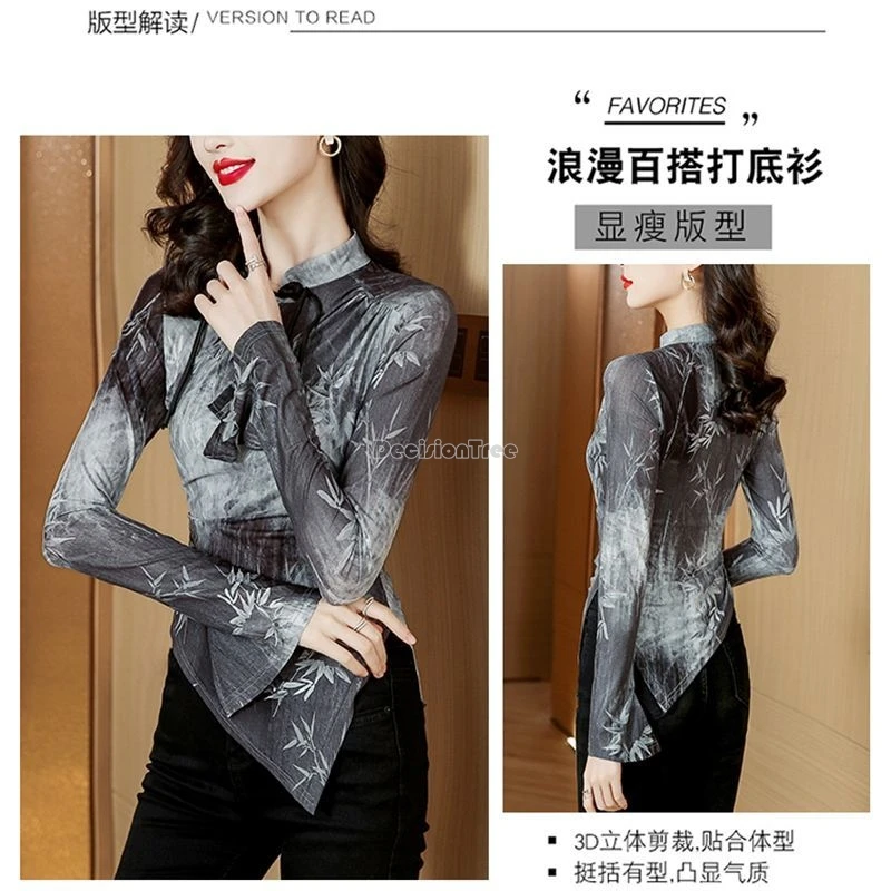 2024 chinese stand collar disc buckle ink printed women's spring cheongsam blouse new irregular t-shirt printed gauze top b172