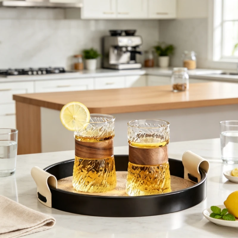 Decorative Tea Serving Tray with Bamboo Frame, Thick Printed Fabric, Leather Handles, Open Top Storage for Cups and Home Decor