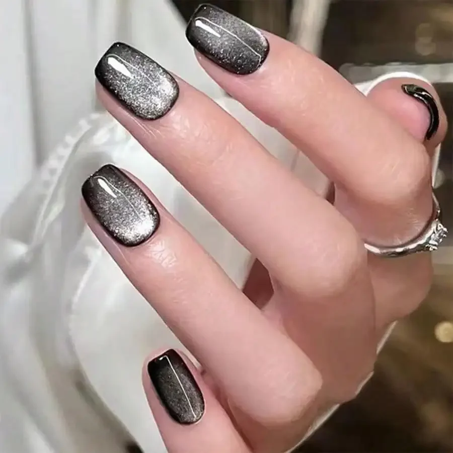 

24PCS Glitter Cat Eye Press On Nails, Black Holographic Color-Shifting, Goth Full Cover, Easy Apply For Women Halloween Party
