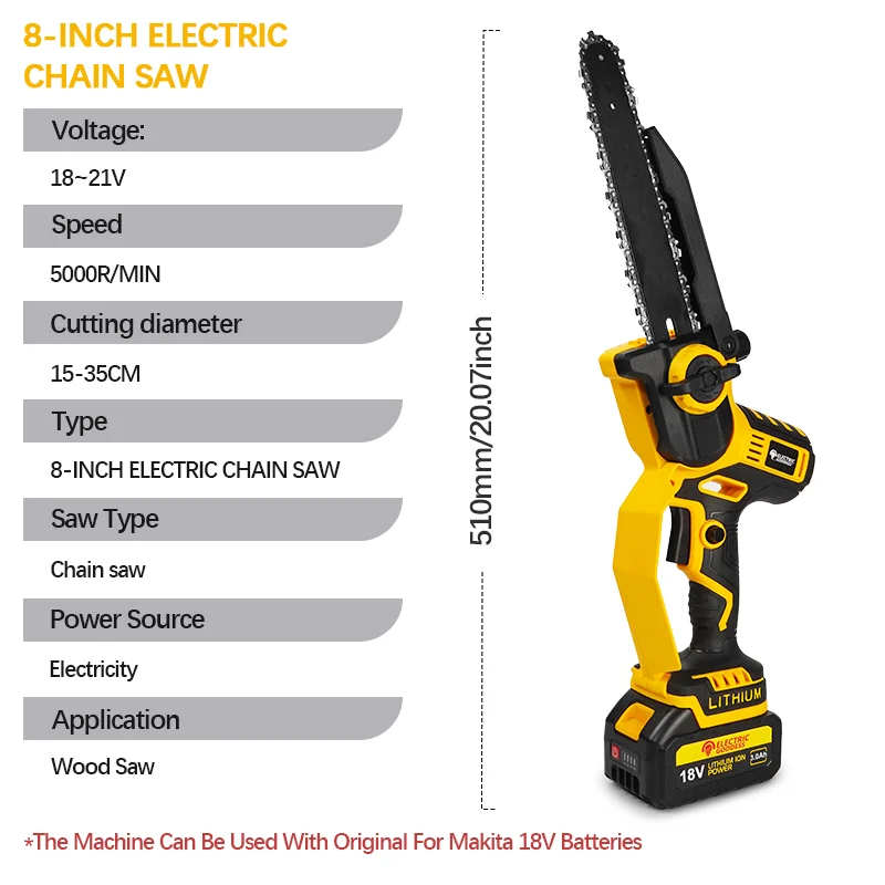Electric Goddess 8in Brushless Cordless Electric Chain Saw Garden Handheld Saw Woodworking Power Tool For Makita 18V Battery Pin