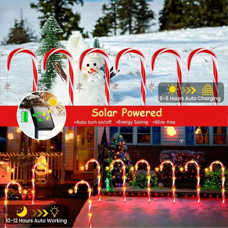 Luces LED solares 5 en 1 para Navidad, luces de bastón de caramelo con copos de nieve de estrella, Papá Noel, luz de hadas impermeable, iluminación de vacaciones, 2 piezas