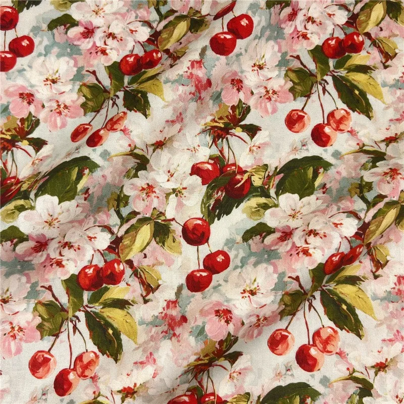 Vintage Oil Painting Grape Cherry Cotton Plain Weave Fabric Fruit Tablecloth Decor DIY Handmade Dress Sewing Textile Fabric view 5