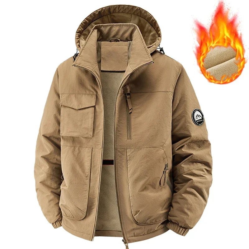 Men Parkas Thick Warm Hooded Coat Cotton-padded Fleece Jacket Casual Quilted Waterproof Jacket Autumn Winter Outwear Clothing