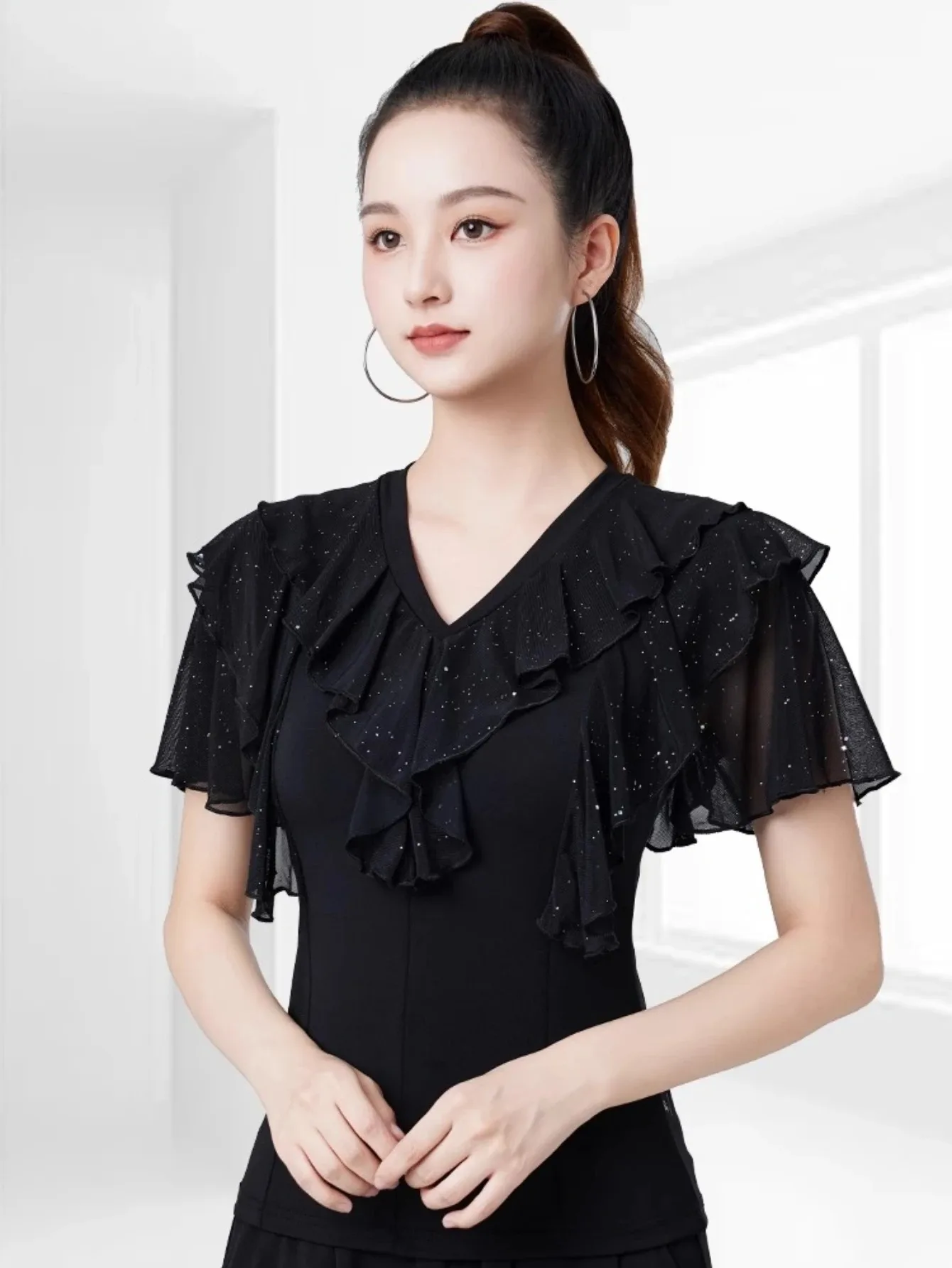 

Latin Dance Wear Top Women's Spring and Summer New Short-sleeve Mesh Ruffle Leaf Edge Modern Samba Square Ballroom Dance Costume