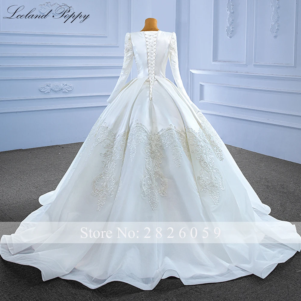 Lsland Poppy frauen Ballkleid Satin Hochzeit Kleider Lange Ärmeln Bodenlangen Spitze Appliques Brautkleider mit Korsett Zurück