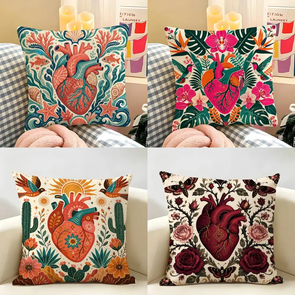 Anatomical Heart Maximalist Floral Art Cushion Cover Natural Linen Fabric Double-Sided Printing Breathable Perfect Home Decor