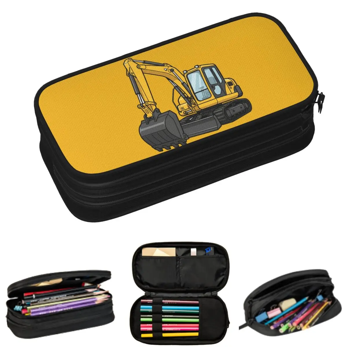 

Excavator In Black Background Design Pencil Case for Studen Gifts Pen Box Pencil Bag Stationery Supplies Pen Holder Bag