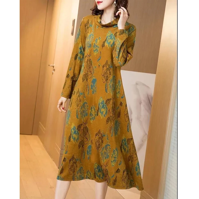 Primavera autunno moda donna stampa floreale oversize stile etnico abiti eleganti Casual mezzo collo alto manica lunga vestito Midi