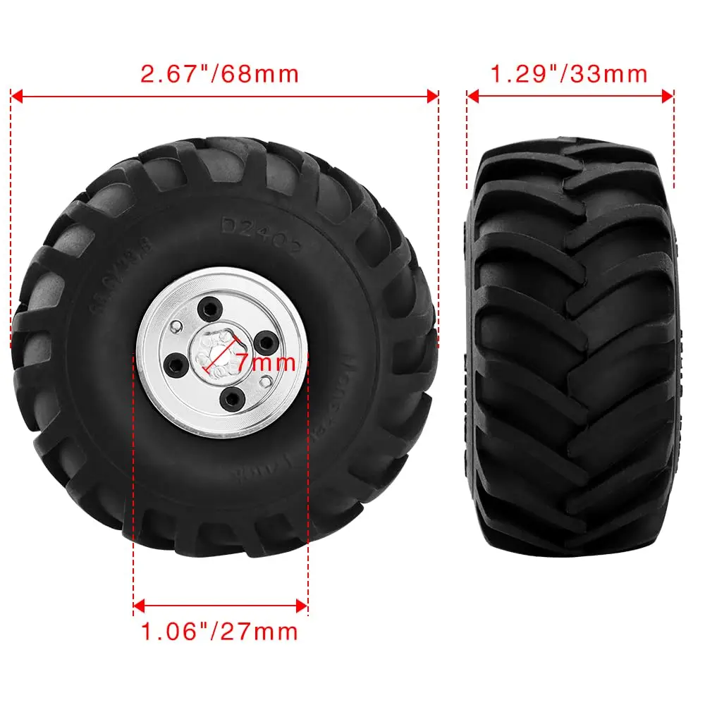 GLOBACT 알루미늄 몬스터 트럭 RC 휠 타이어, 1/24 AXIAL SCX24 FMS FCX24 RC 크롤러 자동차 업그레이드 액세서리, 68*33mm