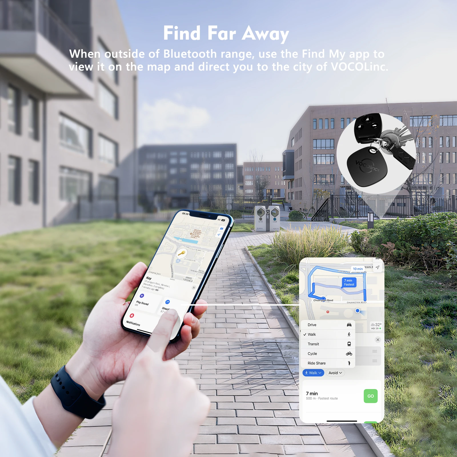 Le tracker Bluetooth anti-perte VOCOlinc Smart Tag fonctionne avec Find My App, localisateur de porte-clés, recherche d'articles, alarme en temps réel, indice d'étanchéité IP67.