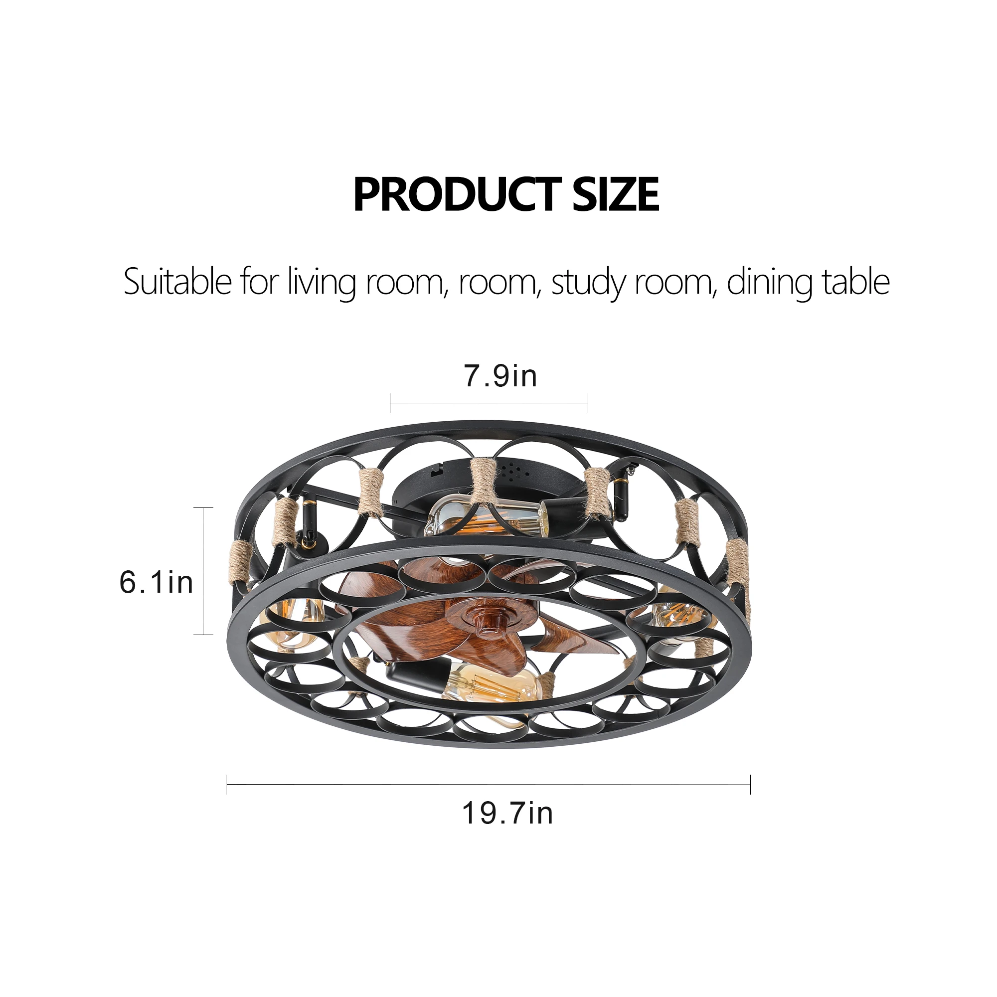 Black Caged Ceiling Fan with Lights Remote Control, Farmhouse Ceiling fans, 6 Speeds Reversible Blades, 5 Bulbs Include