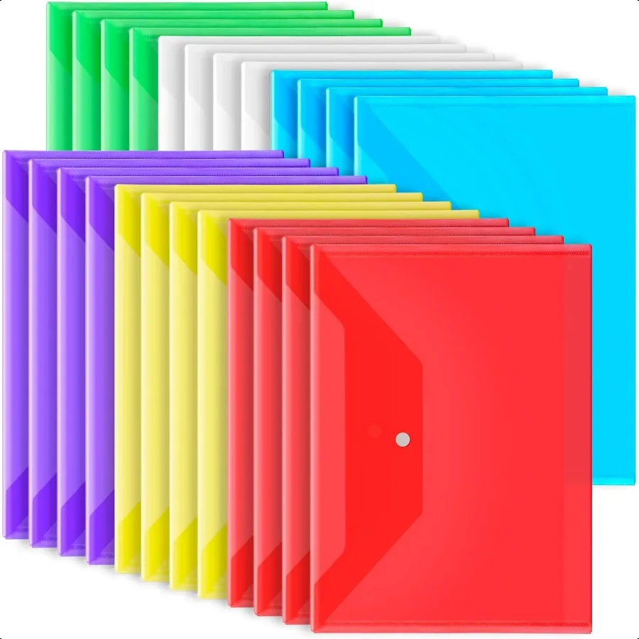 

File Folders 24 PCS Plastic Folders for Documents A4 Plastic Envelopes with Snap Closure Letter Size Clear Envelopes Folders Re