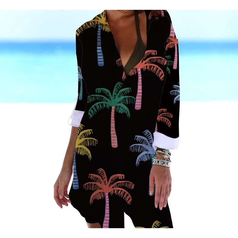 Hawaiian Coconut Tree 3D Print Beach Blouses Summer Women Long Sleeve Mid-length Shirts Buttons Blusas Woman Pocket Tops Blouse