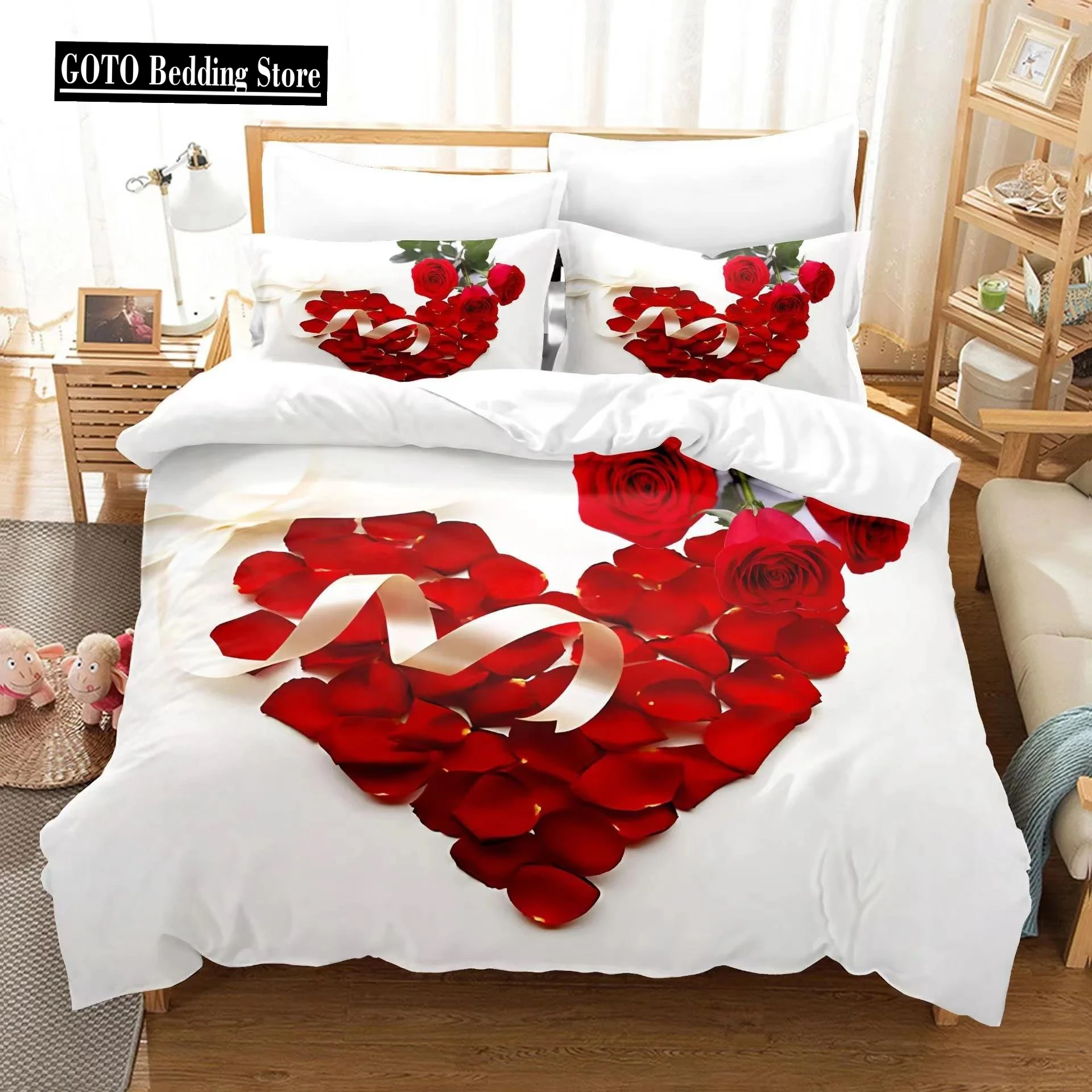 Love Red Rose Bedding Set Housse De Couette Happy Valentine's Day/marriage/wedding Duvet Cover Set Dropship Bed Set - No Sheet