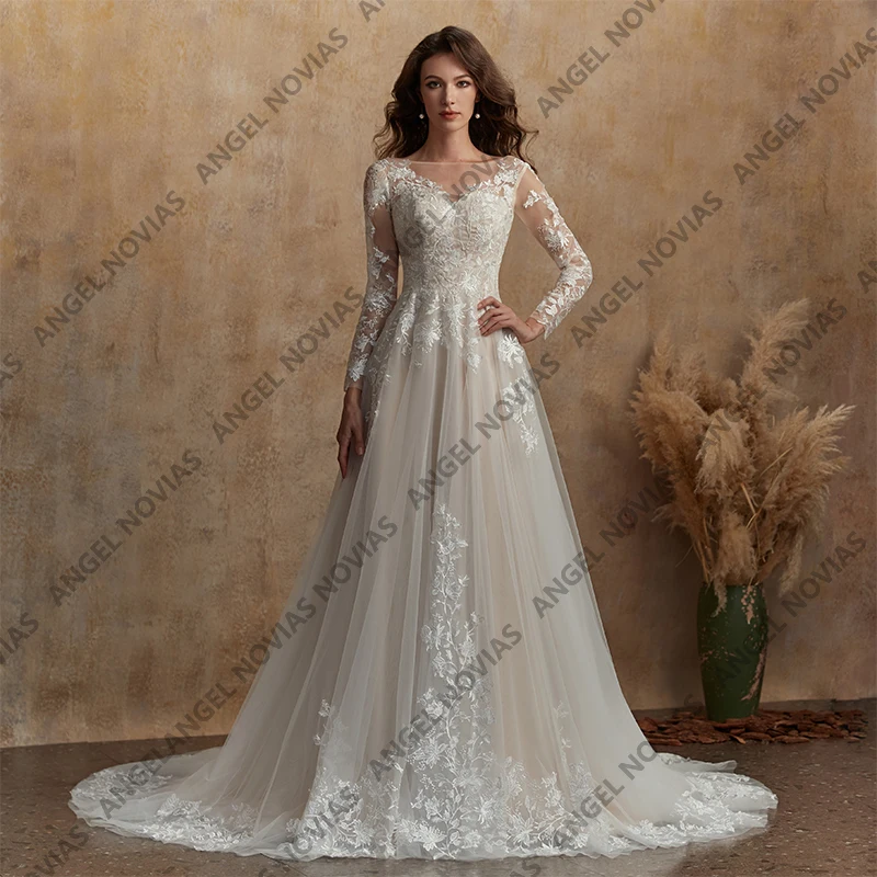 Angel Novias Tule Lange Mouw Trouwjurken 2026 Kant Bruidsjurk Aangepaste A-lijn Vrouwen Luxe Feestjurk Vrouw