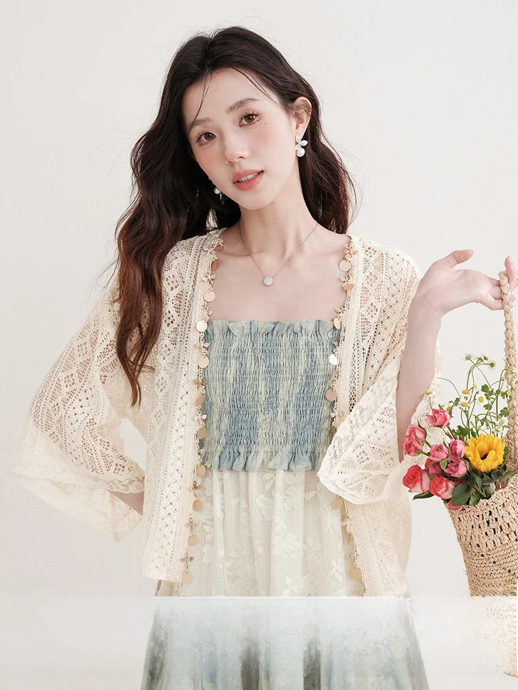 

Wooden Lace Hollow out Short Sleeve Women's Cardigan Outerwear Summer New Style Thin Model Top Sun Protection Shirt Cover up