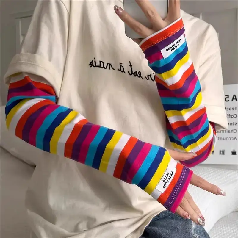 Rainbow Stripe Cooling Arm Sleeves for Women Ice Silk UV Protection Colorful Casual Fashion Summer Outdoor Loose Fit Arm Cover