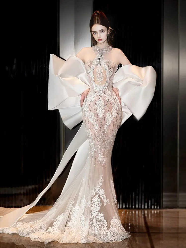 

High-end custom-made fishtail banquet style heavy industry welcoming light tail-tail exit gauze dress