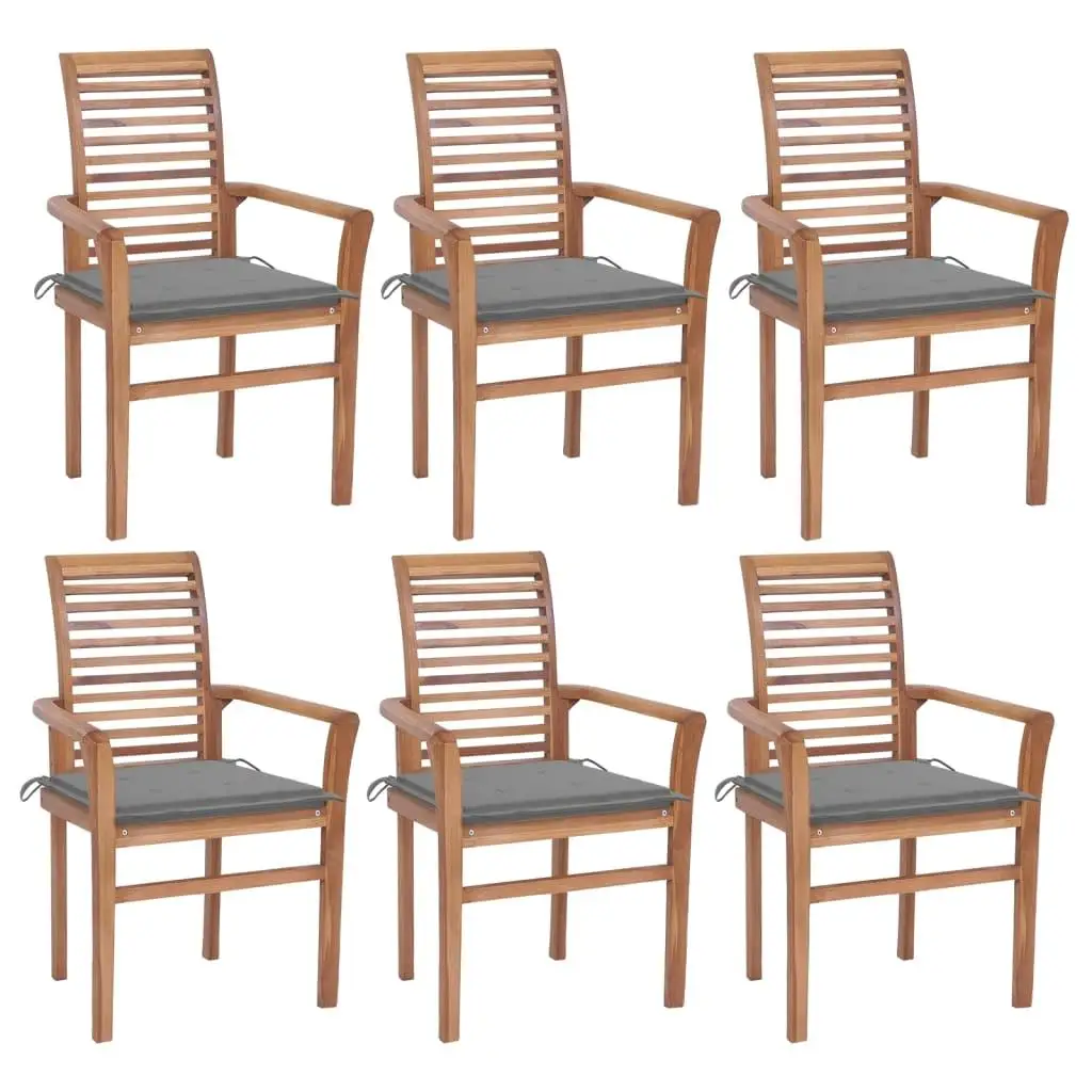 Set of 6 Dining Chairs with Gray Cushions - Solid Teak Wood Construction for Stylish Dining Room