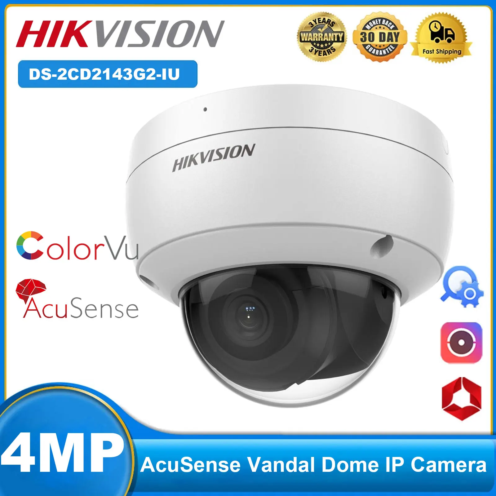 Hikvision DS-2CD2143G2-IU 4MP Acusense IR Fixed Dome POE IP Camera with Built-in Mic CCTV Surveillance H.265+ WDR IP67 IK10
