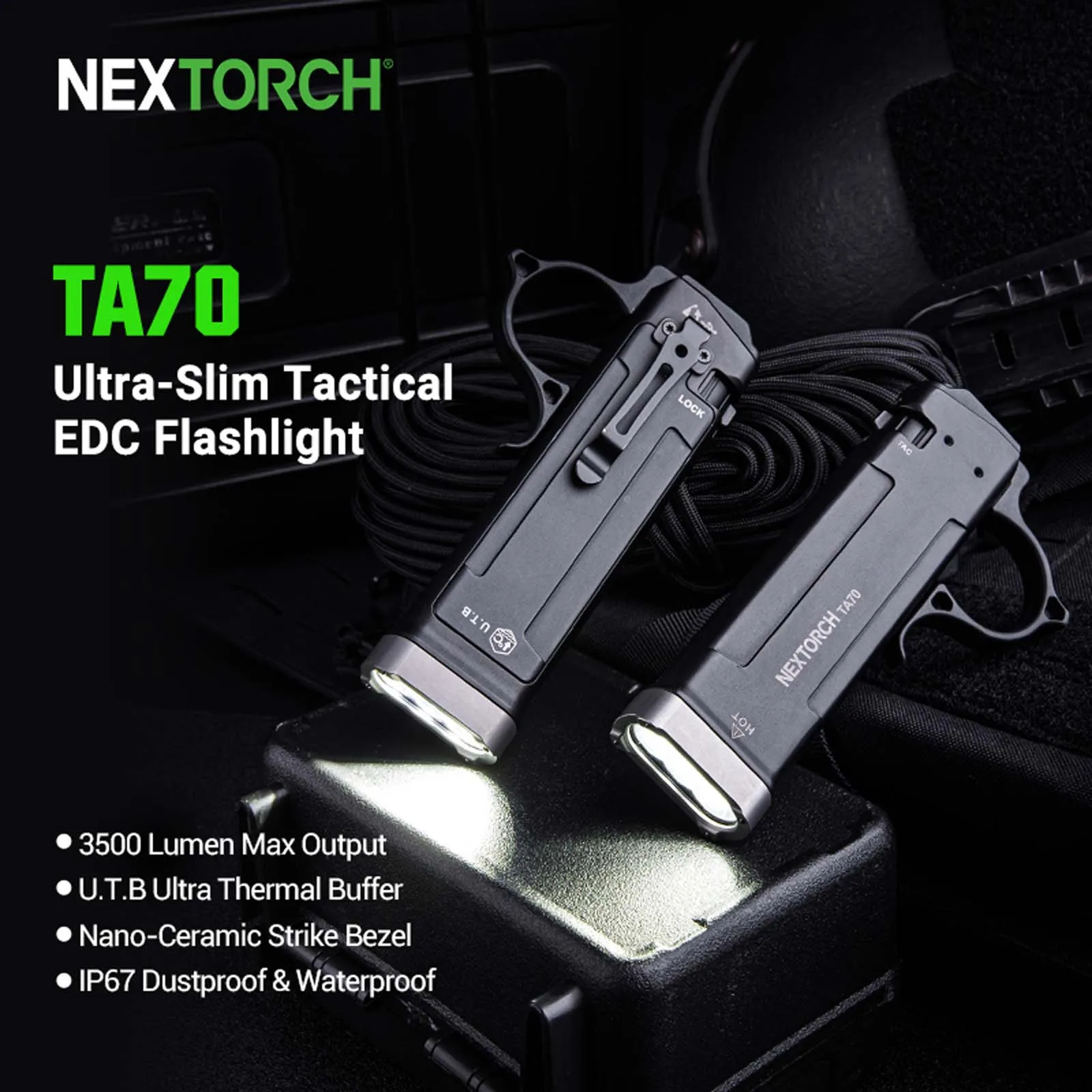 NEXTORCH TA70 EDC Tactical Flashlight,Flat Flashlight Rechargeable,3500 Lumens Tactical/Duty Dual-Switch LED Slim Flashlight