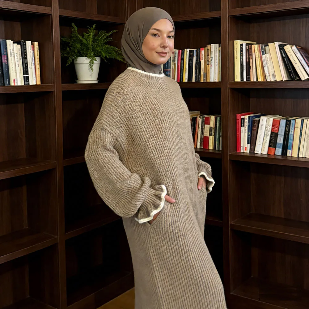 

Ид Рамадан Осень Зима Скромный мусульманский женский вязаный свитер Платье Дубай Турция Кафтан Абая Теплый длинный халат Кафтан Ближний Восток