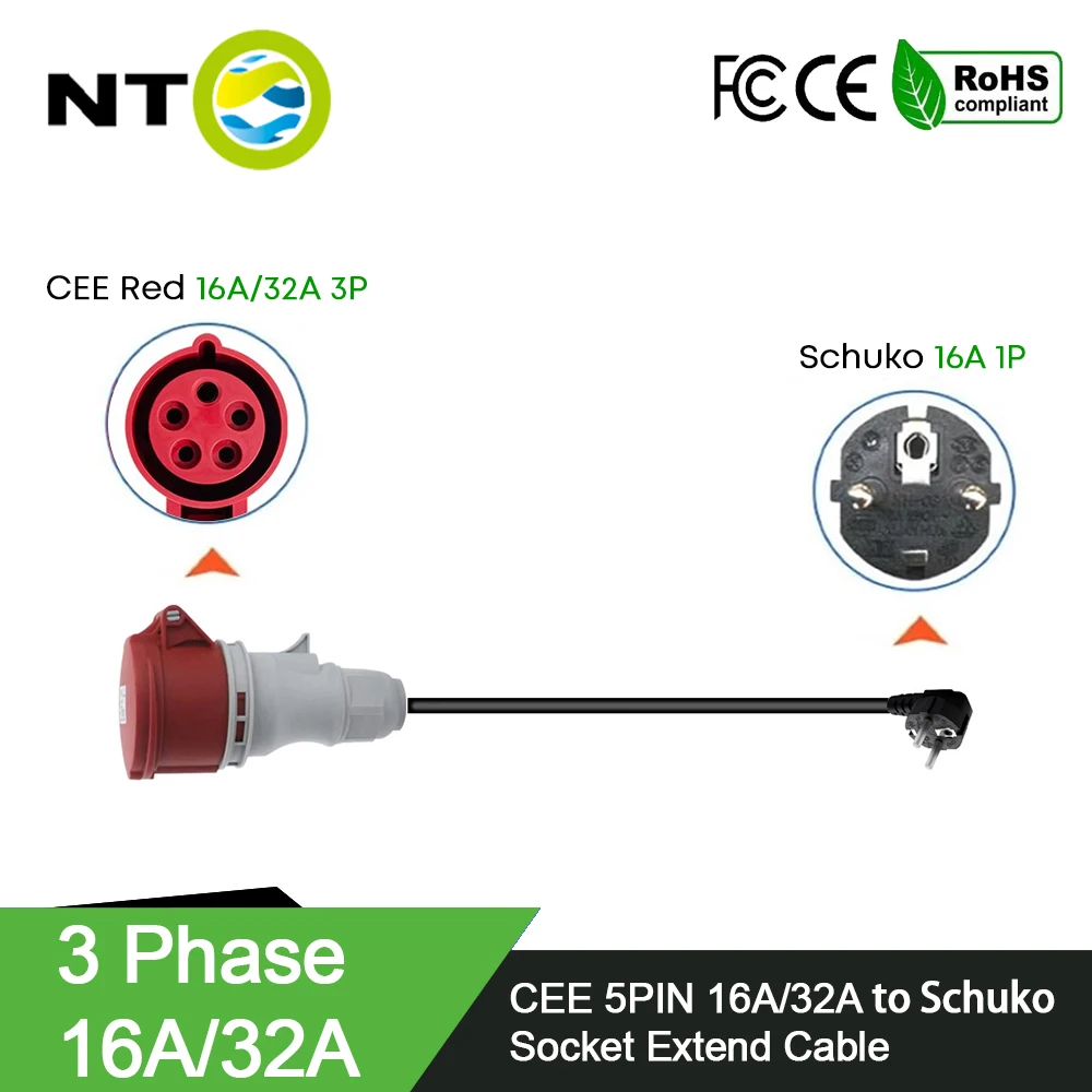 NTO EV Charger 32A CEE Red Power Female Plug 5Pin to Schuko Plug Socket Adapter Connect with EU Schuko Plug