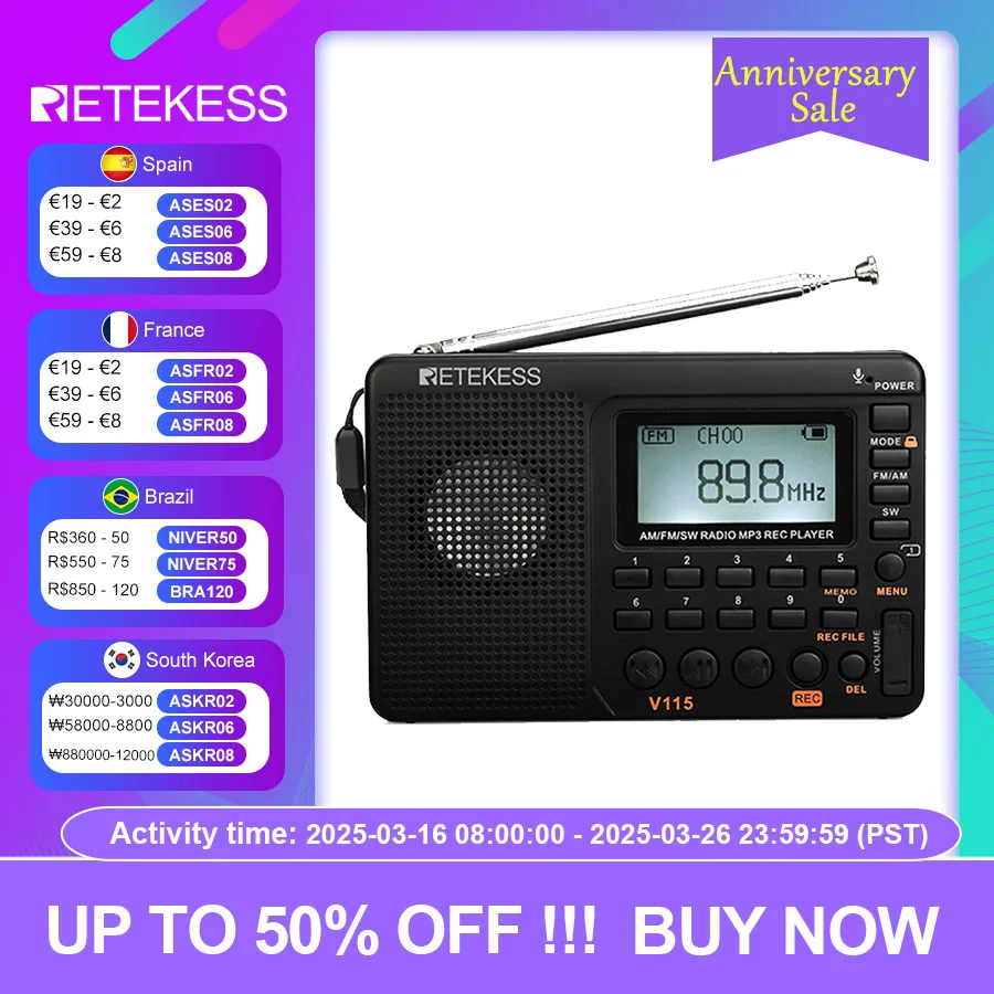 Retekess V115 Radio FM AM SW Portable Radios AM FM Rechargeable Shortwave Radio Battery Powered Full Waves USB Recorder For Gift