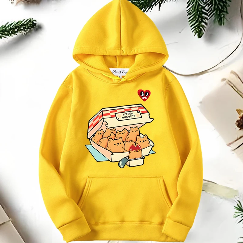 

Kitten Nuggets Cat Biscuits Dip Print Women Hoodie Polyester Red Eyes Beard Heart Embroidery Pullover Pockets Thin Loose Hoody