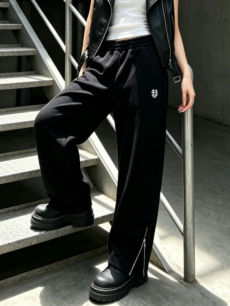 Y2k Street Trendy Hosen für Damen, Hip-Hop-Stickerei, Unisex Freizeithosen, elastischer Bund, Reißverschluss, locker geschnittene, einfarbige Sport-Sweatpants – Detail 10