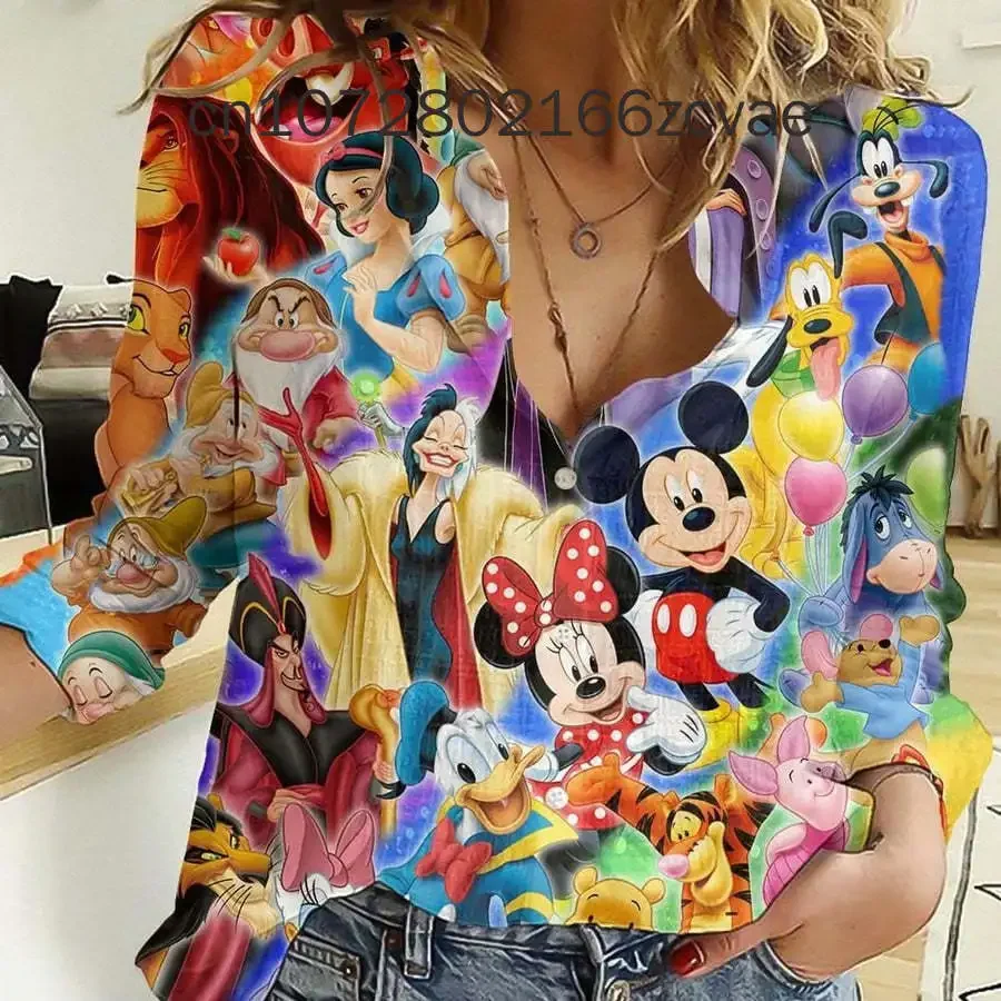 2024 New Maleficent Women's Long sleeved Shirt Fashionable and Elegant Button Shirt Disney Hawaii Women's Y2K Casual Shirt