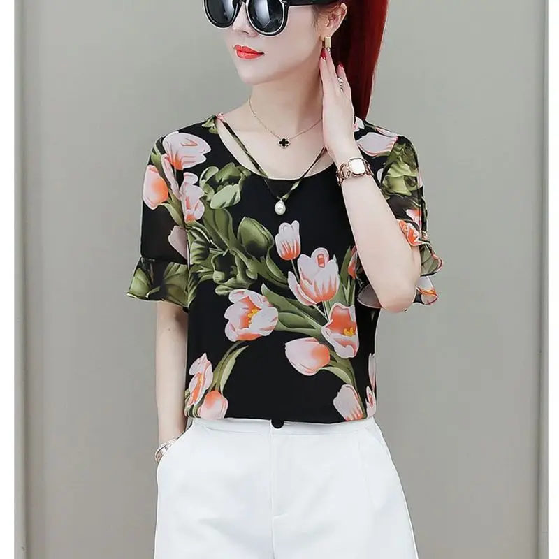 Women Spring Summer Blouses Shirts Lady Fashion Casual Short Sleeve O-Neck Collar Printing Blusas Tops G2801