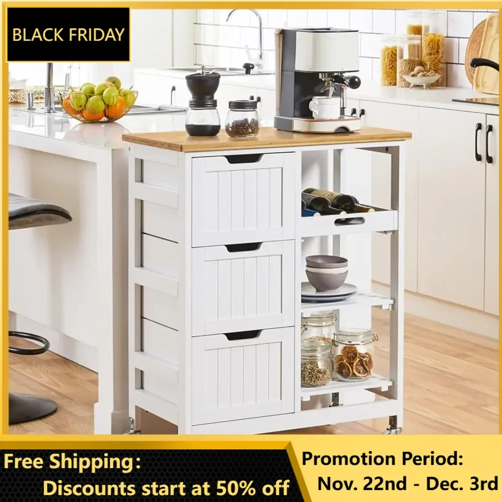 Kitchen Island Cart, Bamboo Countertop, Rolling Serving Utility Trolley Cart with Drawers, Removable Shelves & Lockable Casters