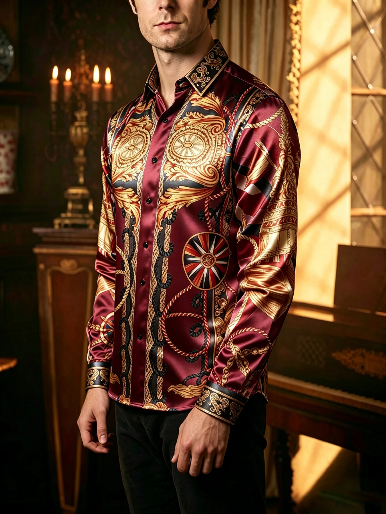 2026 Men's New Arrival Luxury Satin-feel Polyester Smooth Fabric Shirt Retro Baroque Print Shirt Wedding Party Gift Men