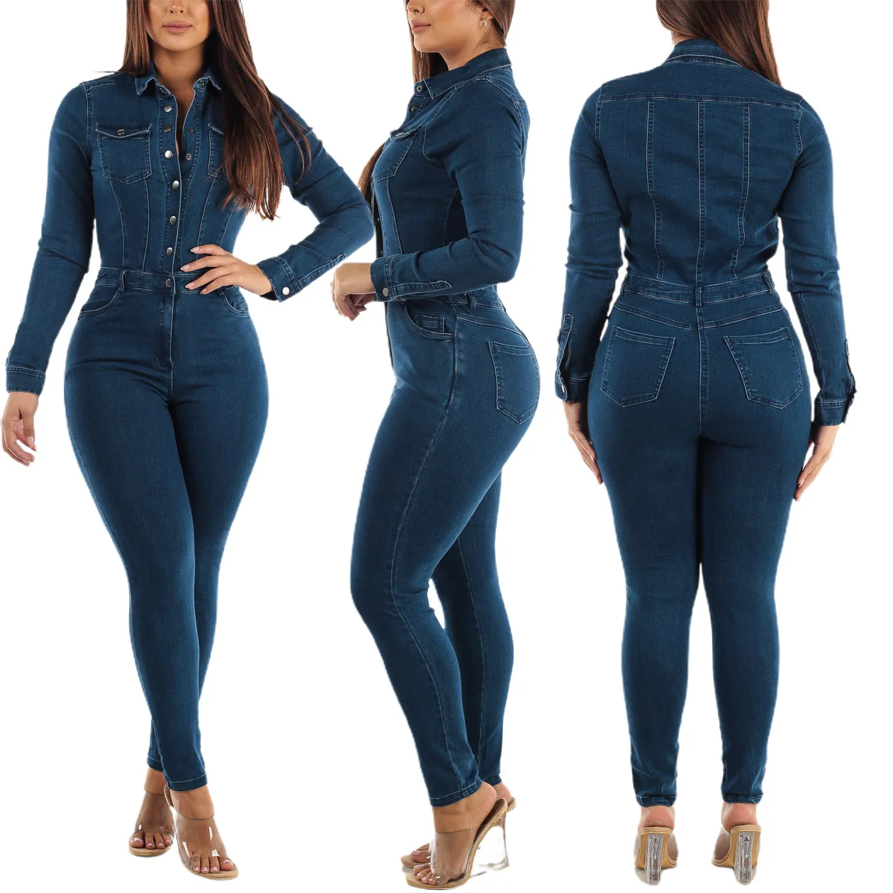 Combinaisons en jean pour femmes, col rabattu, manches longues, combinaisons serrées, combinaisons en denim pour dames, barboteuses, mode automne et