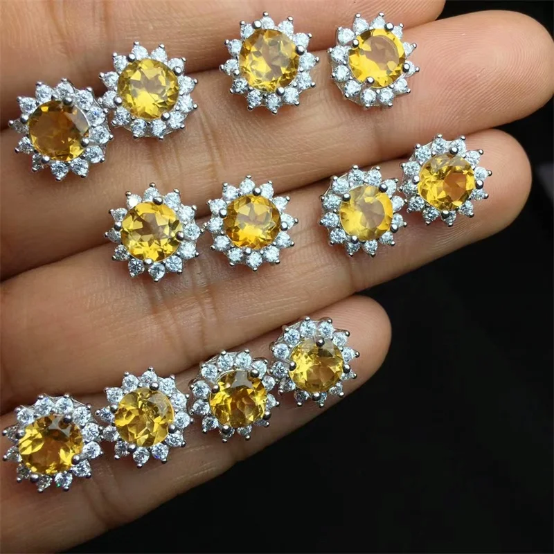 S925 Natural Citrine Sunflower Ear Stud Earrings Sterling Silver Stud Earrings for Women Fine Gemstone Daily Jewelry 6MM