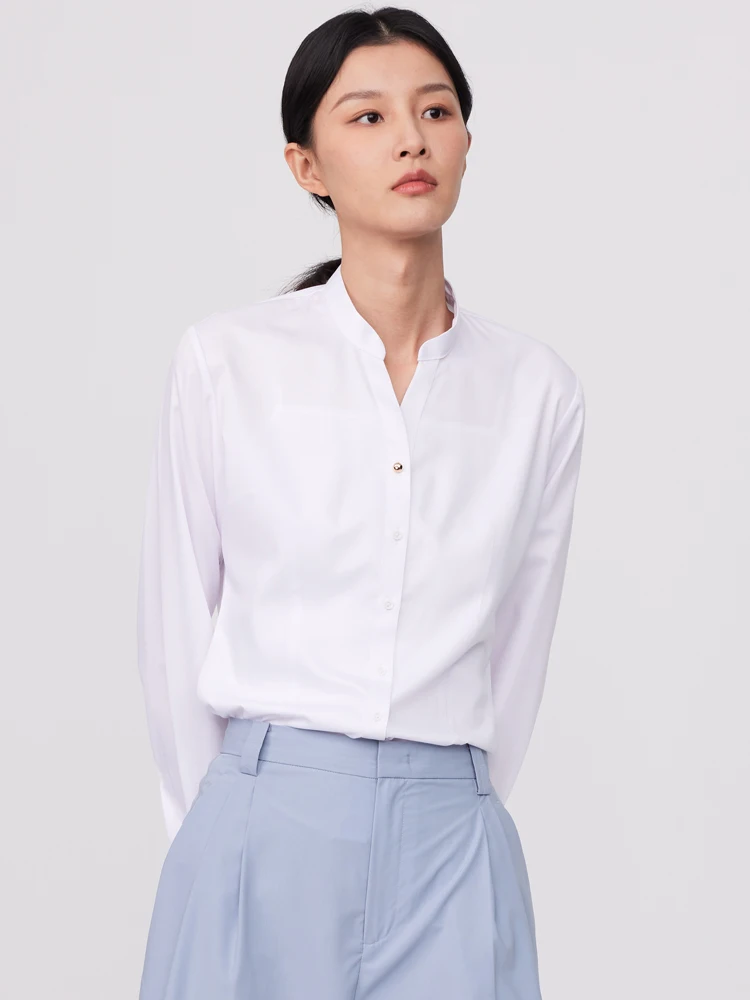 Women\'s Office Lady Stand Collar Slim-fit Dress Shirts Without Pocket Bamboo Fiber Long Sleeve Versatile Female Blouses Shirts