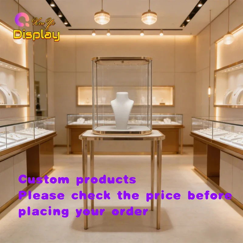 custom.Custom Luxury Stainless Steel Jewelry Display Pedestal Curved Glass Enclosure LED Lighting Eco-Friendly Recyclable
