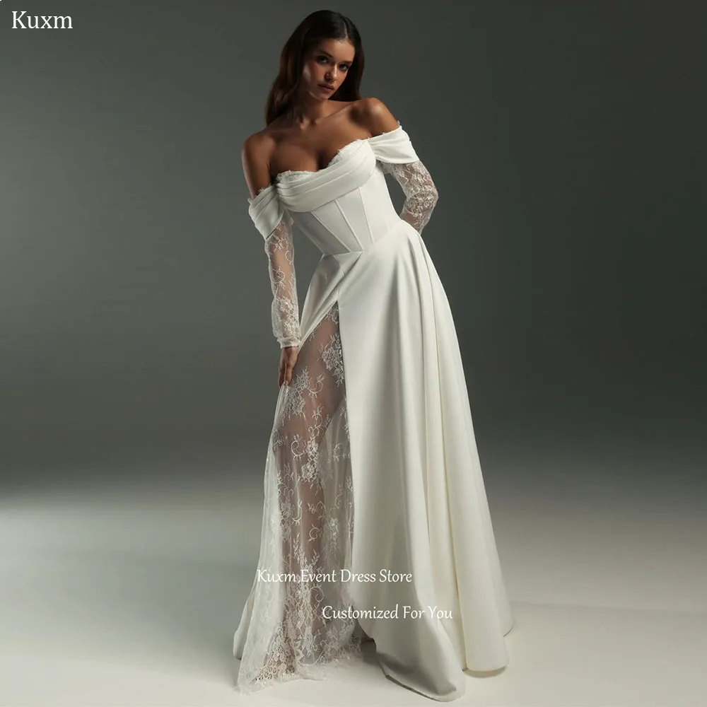 Kuxm White Sweetheart Satin Wedding Dress Off The Shoulder Backless Bridal Gown Floor Length Lace Vestidos De Novia Customized