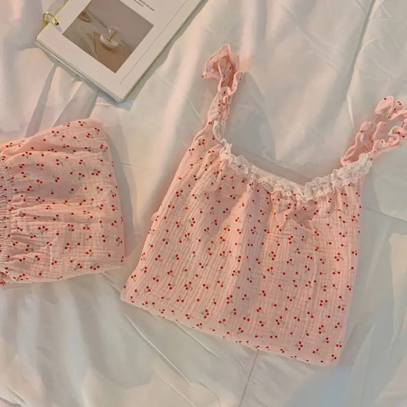 

Пижамные комплекты женские без рукавов с принтом в японском стиле Kawaii для девочек летняя мягкая дышащая одежда для сна повседневная студенческая простая стильная одежда