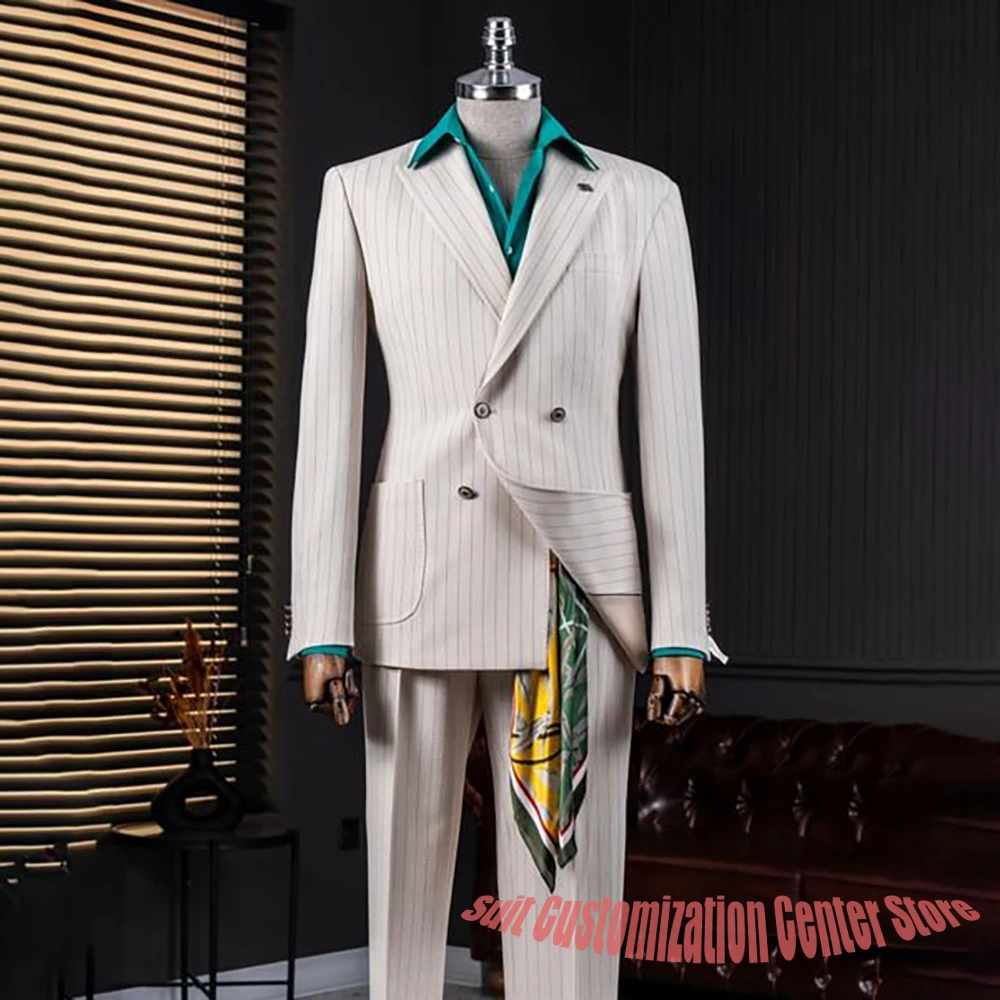 Luxury Pinstripe Men's Suits and Separates Double Breasted 2-Piece Set Jacket Pants Formal Business Wedding Groom Outfit