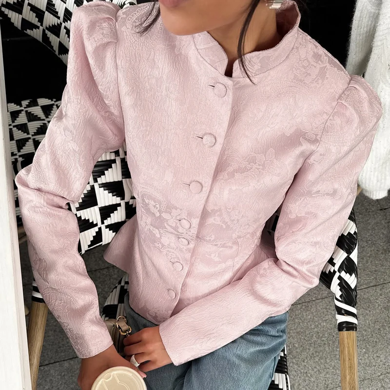 Single Breasted Design Multi Color Outwear Elegant Stand Collar Long Sleeved Slim Jacket Office Temperament Jacquard Women Coat