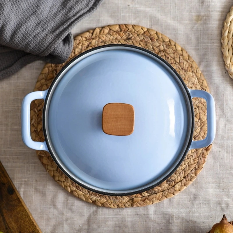 22cm Cast Iron Enamel Pot Ear Handle Stew Pot Multi-Functional Fry Cook Braise Pan Non-Stick Coating Kitchen Cooking Home Set