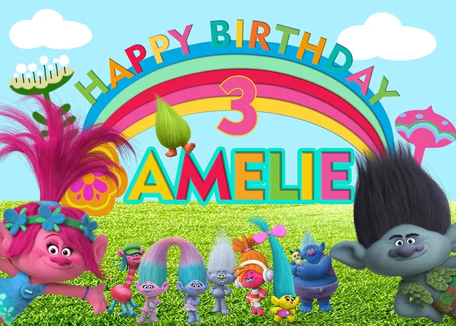 ฉากหลังของปาร์ตี้รูปการ์ตูนไวนิลโทรลล์ใช้ตกแต่งวันเกิดสำหรับเด็กงานปาร์ตี้