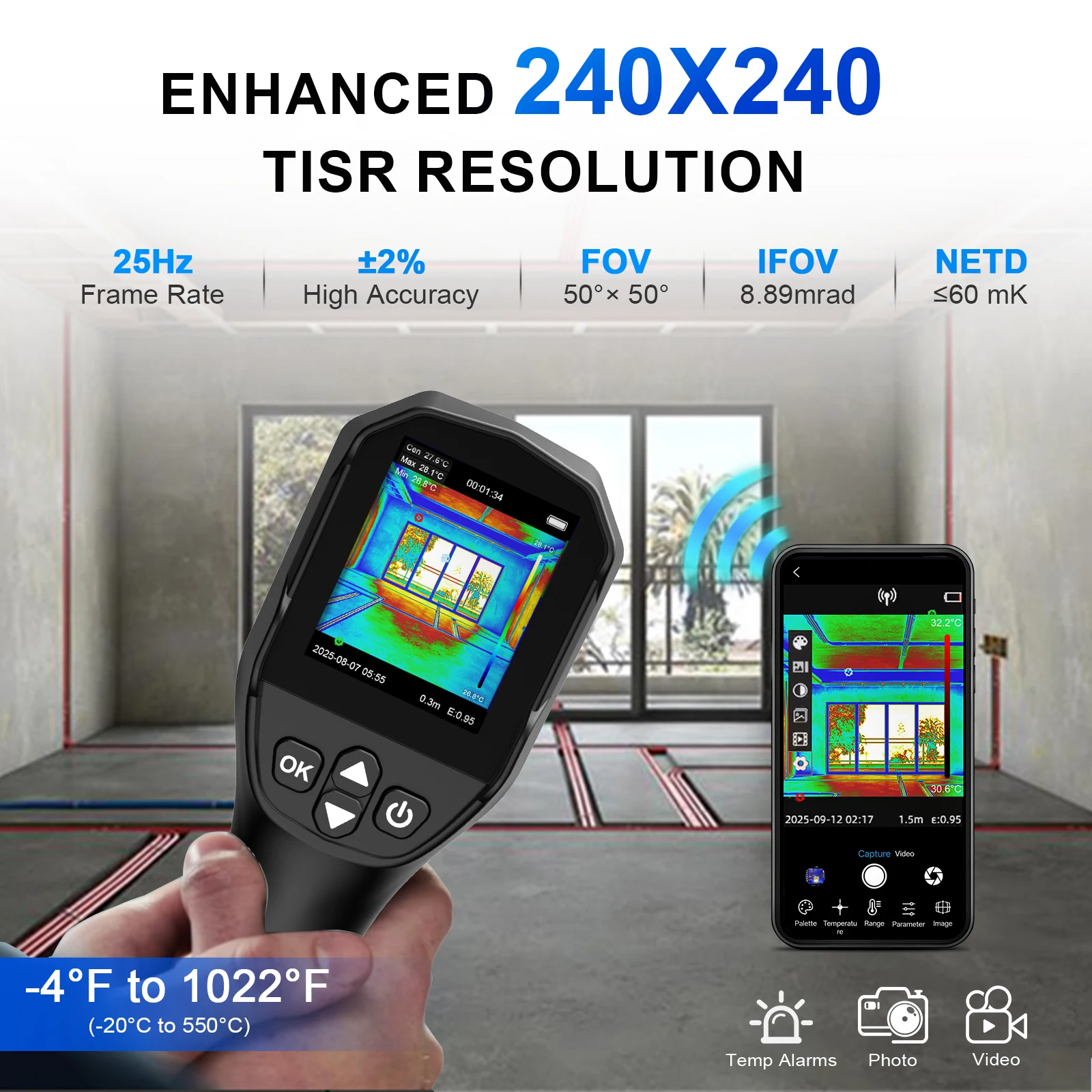 HoldPeak Thermal Imager Gun, 240x240 IR Camera -4°F~1022°F, Home Electrical HVAC Leak Detection, Temperature Gun for Inspection