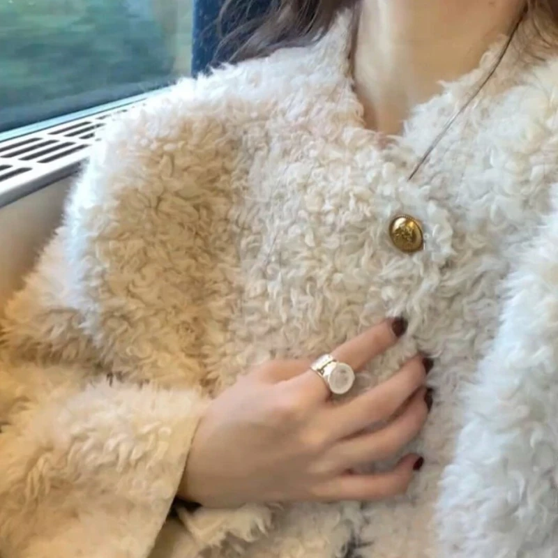 Женские пальто из искусственного меха Короткие куртки Пальто с круглым вырезом Толстая теплая уличная куртка Y2k Элегантная рабочая повседневная облегающая осень-зима