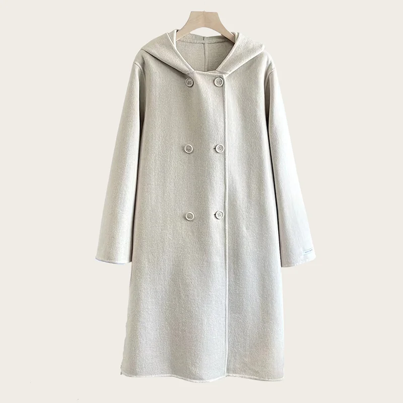 Winter Hooded Double Sided Pure Wool Woolen Outerwear Casual Long Sleeves Coat Women Lapel Double-breasted Loose Long Overcoat