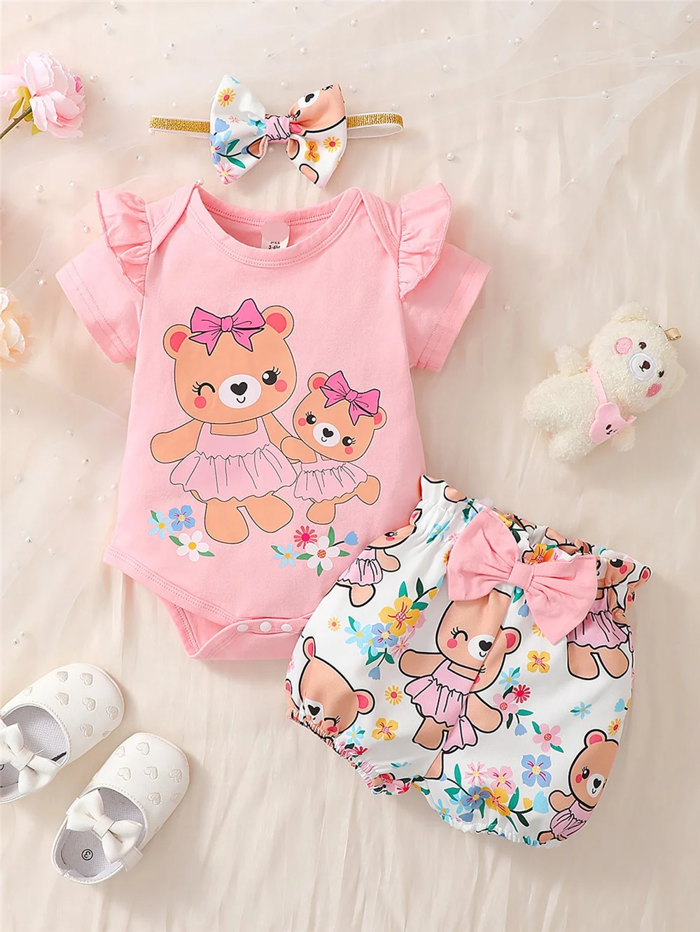 0-2Years Newborn Baby Girl Daily Clothes Set Cartoon Bear Short Sleeve Romper + Shorts with Headband Summer Lovely 3PCS Outfit